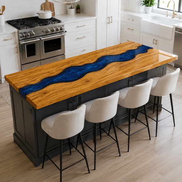 Olive Wood Modern Blue River Epoxy Resin Countertop
