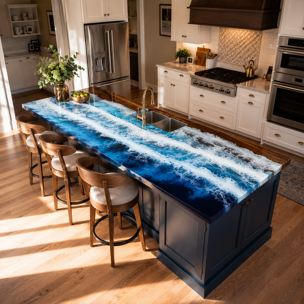 Walnut Wood Ocean Waves Sea Foam Art Epoxy Resin Countertop
