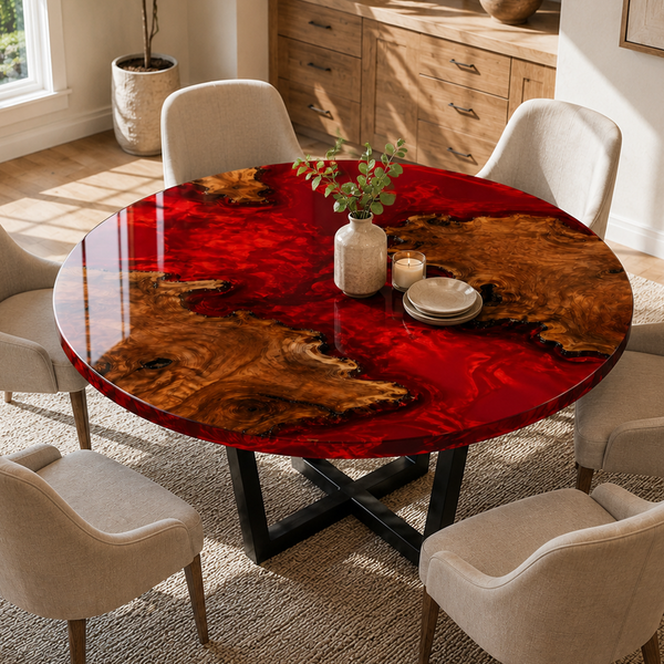 Poplar Burl Magma Swirl Red Epoxy Resin Round Table