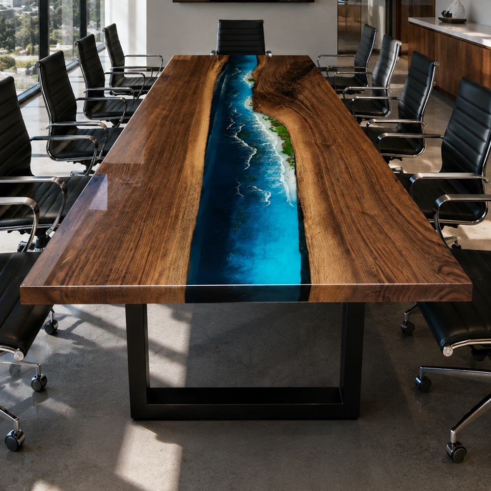 Black Walnut Wood Island Stream Center Inlay Epoxy Resin Conference Table