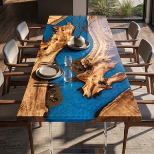 Golden Camphor Blue Wave Epoxy Resin Dining Table