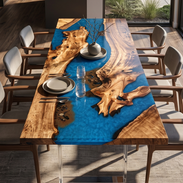 Golden Camphor Blue Wave Epoxy Resin Dining Table