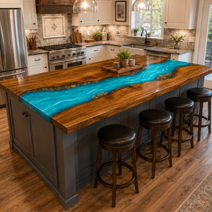 Walnut Wood Custom Aqua River Stone Style Epoxy Resin Countertop