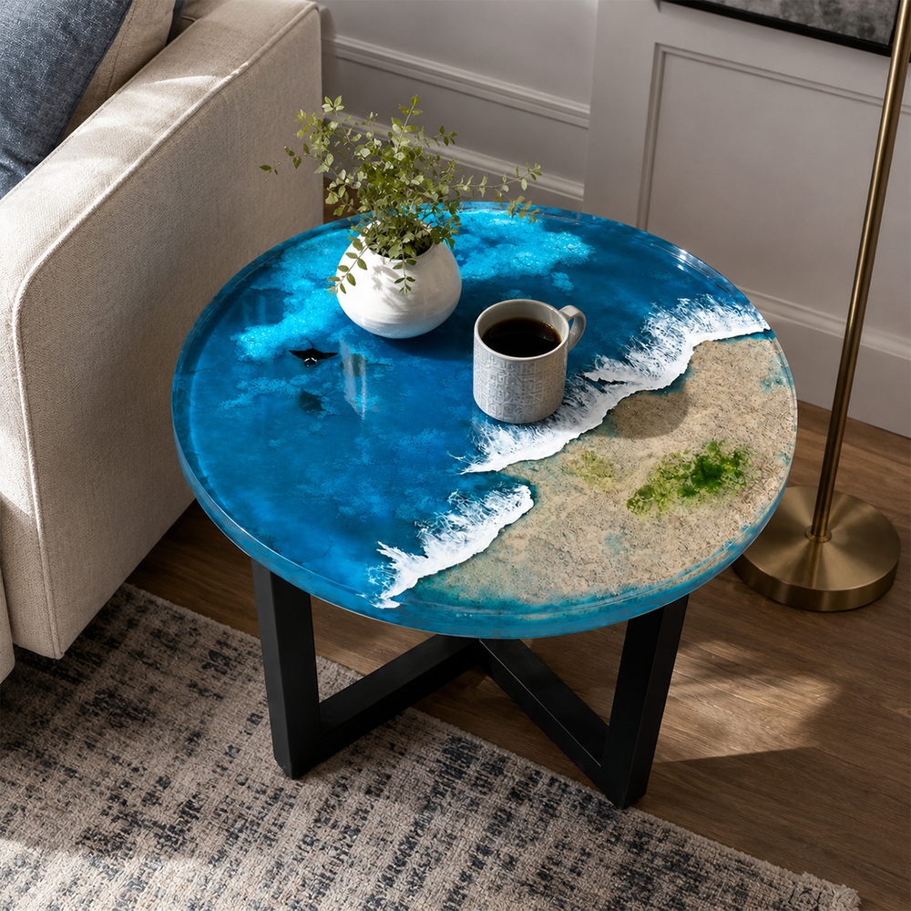 Pure Resin Transparent Ocean Wave Round Side Table