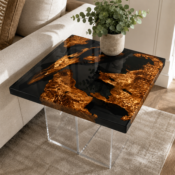 Cunninghamia Transparent Black Burl Square Epoxy Resin Side Table