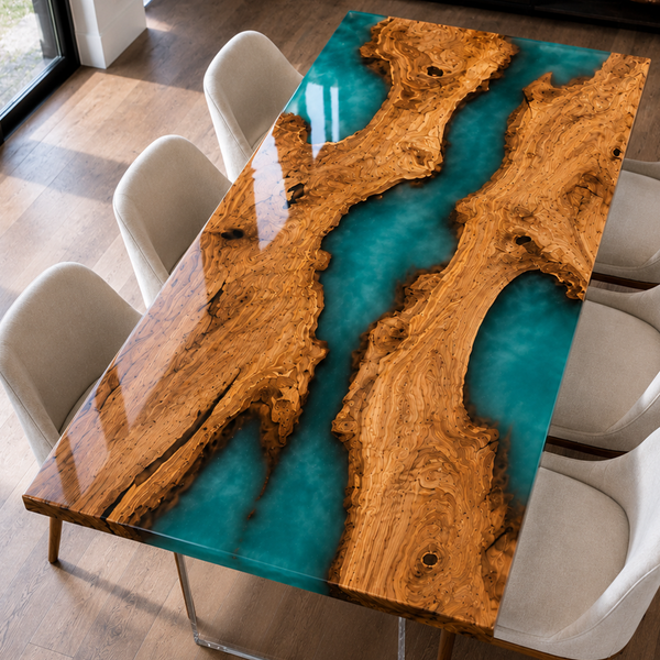 Olive Wood Green River Translucent Epoxy Resin Dining Table