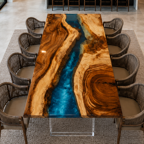 Walnut Vibrant Blue River Epoxy Resin Dining Table