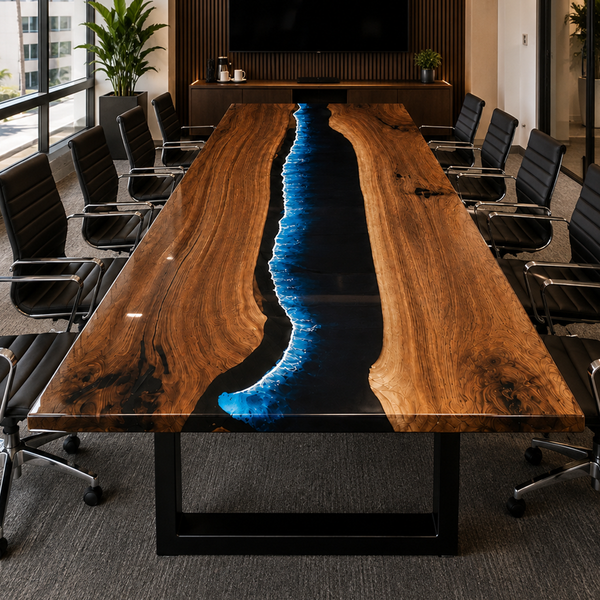 Black Walnut Wood Blue Wave Straight Edge Epoxy Resin Conference Table