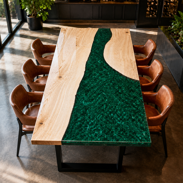 Ash Wood Swirl Green Epoxy Resin Dining Table
