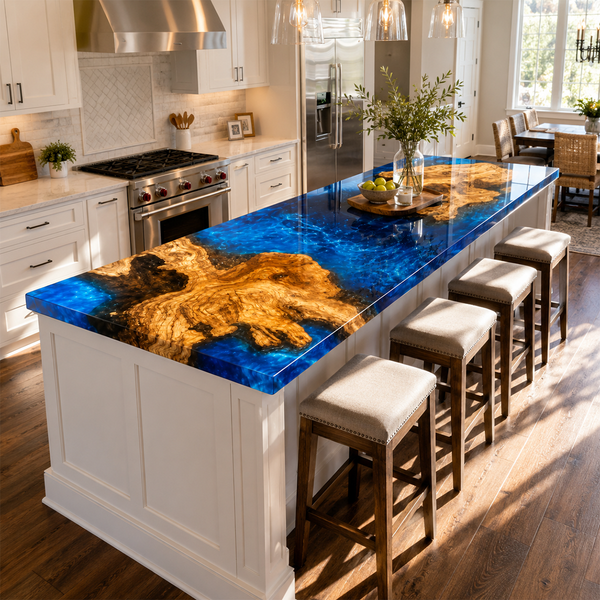 Olive Wood Ocean Blue Burl Epoxy Resin Countertop