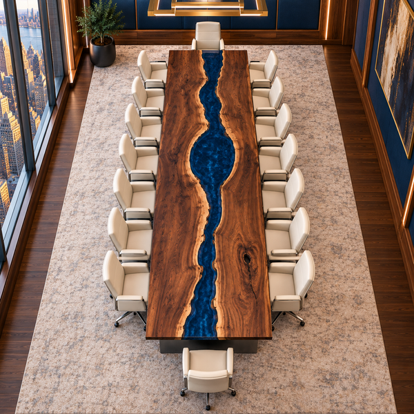 Overhead view of the Bluehaven rectangular black walnut conference table with blue epoxy.