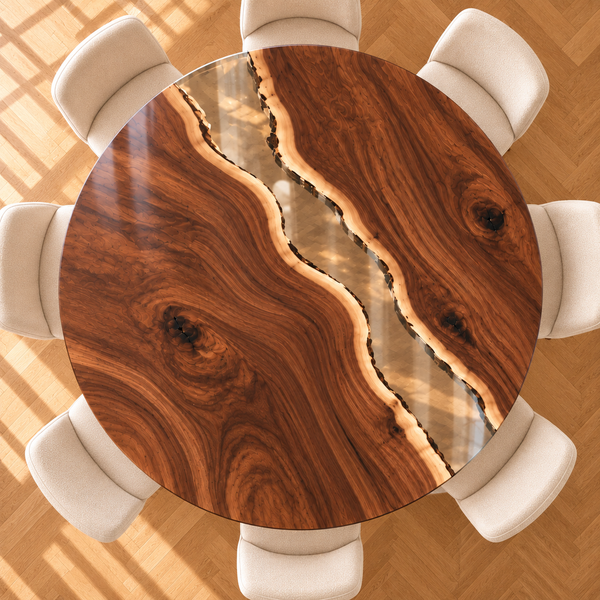 Overhead view of Clearbrook showing two walnut slabs and a winding transparent resin river.