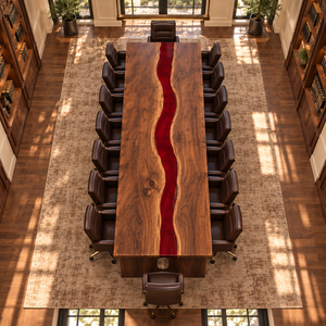 Overhead view of the Crimsonbend rectangular black walnut conference table with red epoxy.