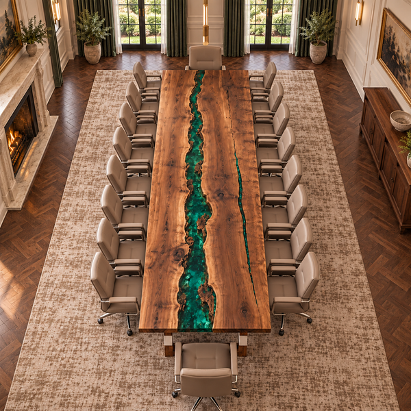 Overhead view of the Emeraldjunction rectangular black walnut conference table with green epoxy.