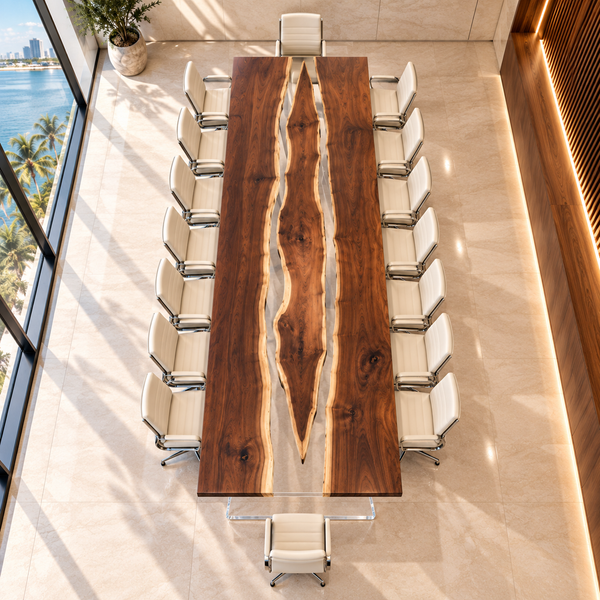 Overhead view of the Glassmeadow rectangular black walnut conference table with clear epoxy.