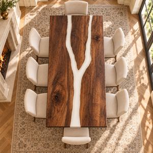 Overhead view of the Ivorybranch rectangular walnut dining table with white epoxy.