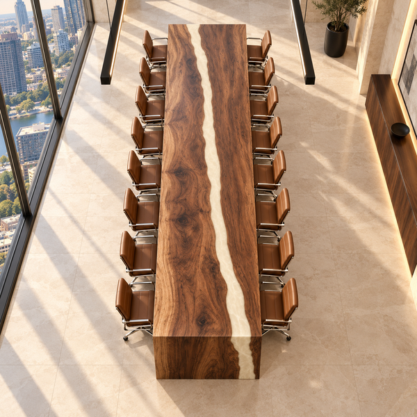 Overhead view of the Ivorycascade rectangular black walnut conference table with white epoxy.