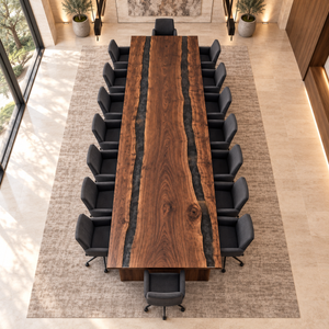 Overhead view of the Obsidianreach rectangular black walnut conference table with black epoxy.