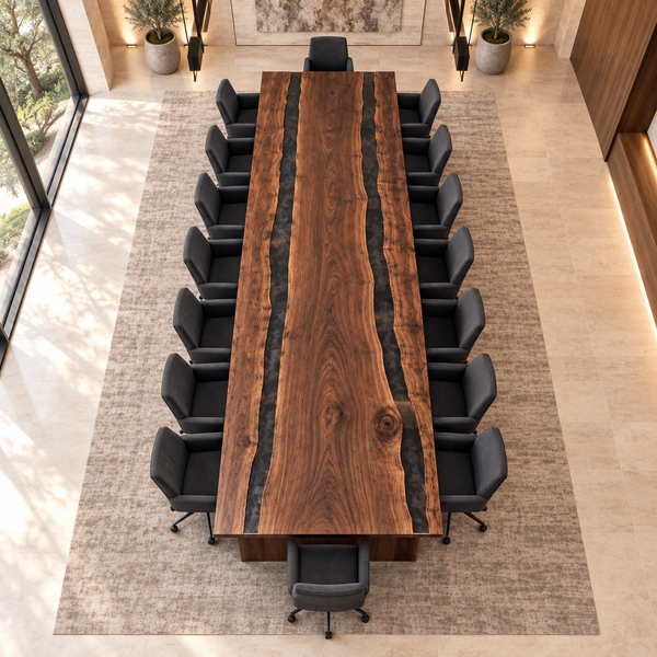 Overhead view of the Obsidianreach rectangular black walnut conference table with black epoxy.