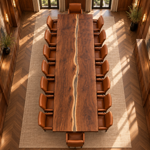 Overhead view of the Stillwater rectangular walnut conference table with black epoxy.