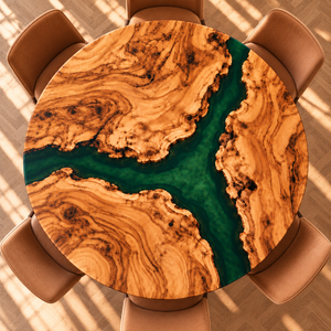 Overhead view of the round olive wood table and branching green epoxy river.