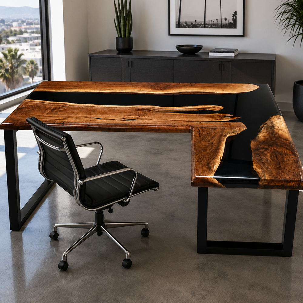 Black Walnut L-Shaped Black River Epoxy Resin Desk