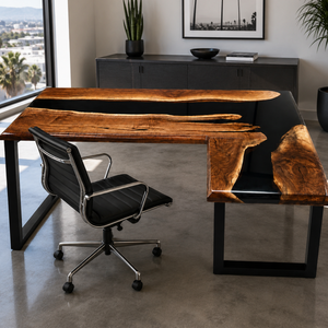 Black Walnut L-Shaped Black River Epoxy Resin Desk
