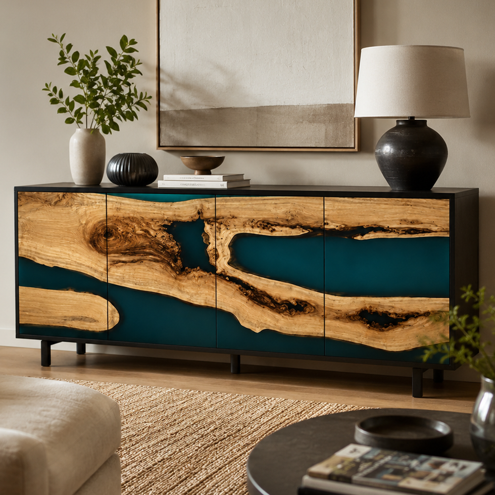 Elevated product view of Olive Burl Deep Emerald Stream epoxy Storage Console.