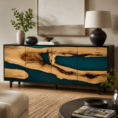 Olive Burl Deep Emerald Stream Epoxy Resin Storage Console