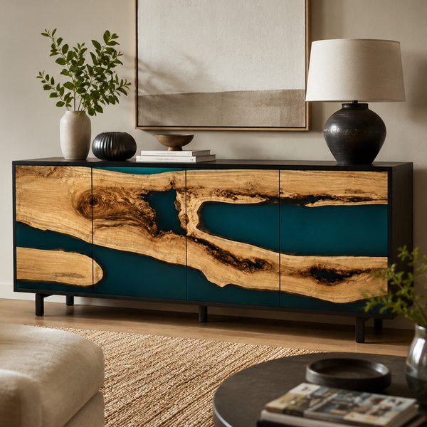 Olive Burl Deep Emerald Stream Epoxy Resin Storage Console