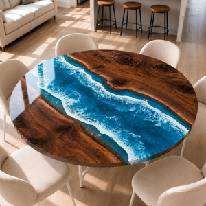Walnut Seascape Blue Wave Epoxy Resin Round Table