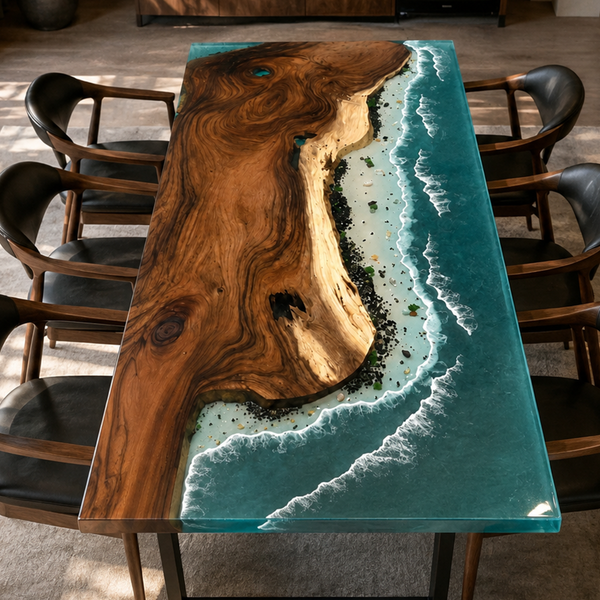 92.5" L × 46.5" W × 2" T Walnut Ocean Beach Waves Epoxy Resin Dining Table