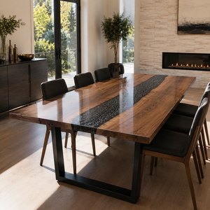 Black Walnut Wood Rectangular Charcoal Inlay Epoxy Resin Dining Table