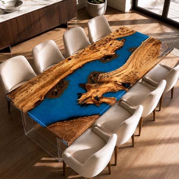 Golden Camphor Blue Wave Epoxy Resin Dining Table
