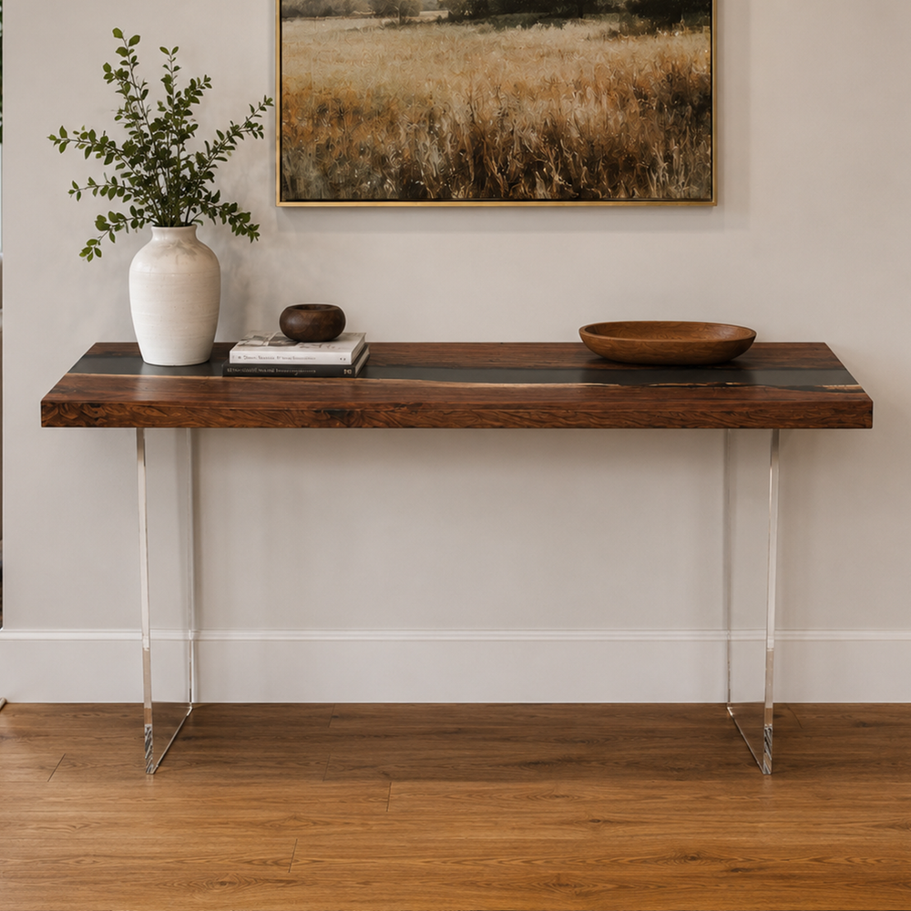 Black Walnut Transparent Black River Epoxy Resin Console Table