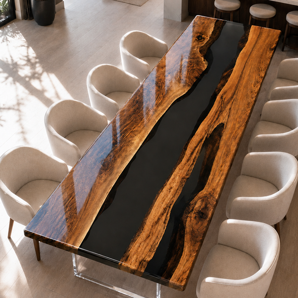Walnut Wood Obsidian River Epoxy Resin Dining Table