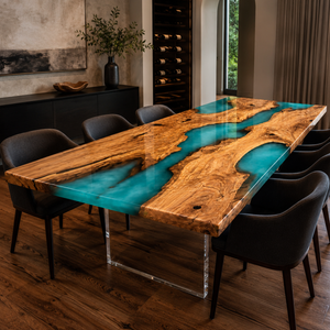 Olive Wood Green River Translucent Epoxy Resin Dining Table