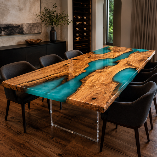 Olive Wood Green River Translucent Epoxy Resin Dining Table