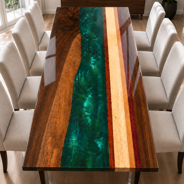 Black Walnut and Mixed Wood Strip Swirling Green Epoxy Resin Dining Table