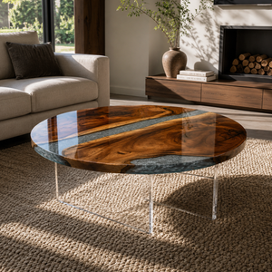 Walnut Glacier Crackle Textured Epoxy Resin Round Coffee Table