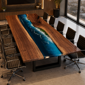 Black Walnut Wood Island Stream Center Inlay Epoxy Resin Conference Table