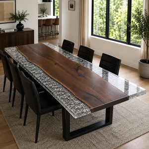 Black Walnut Wood Crystal Ice Patterned Edge Epoxy Resin Dining Table