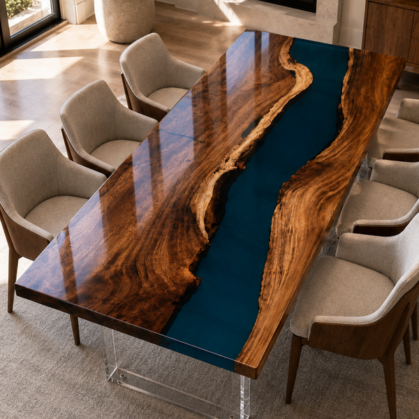 Walnut Blue River Live Edge Epoxy Resin Dining Table