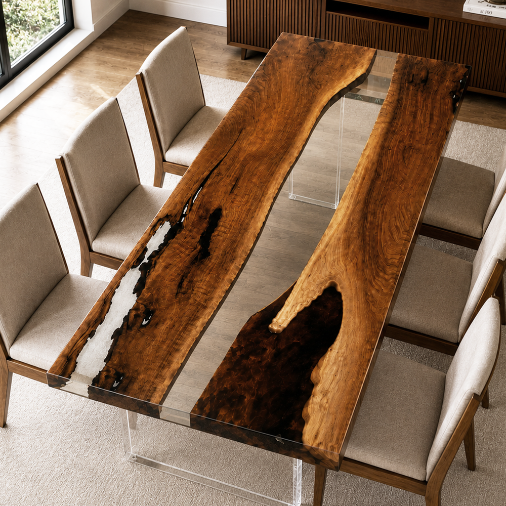 Black Walnut Natural Edge Clear Epoxy Resin Dining Table