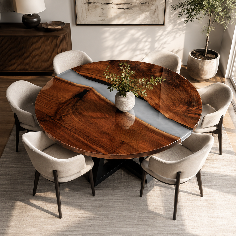 Walnut River Grey Epoxy Resin Round Table