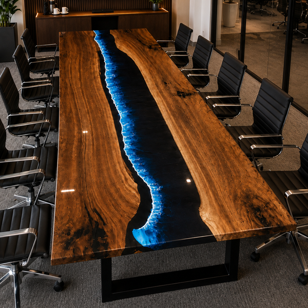 Black Walnut Wood Blue Wave Straight Edge Epoxy Resin Conference Table