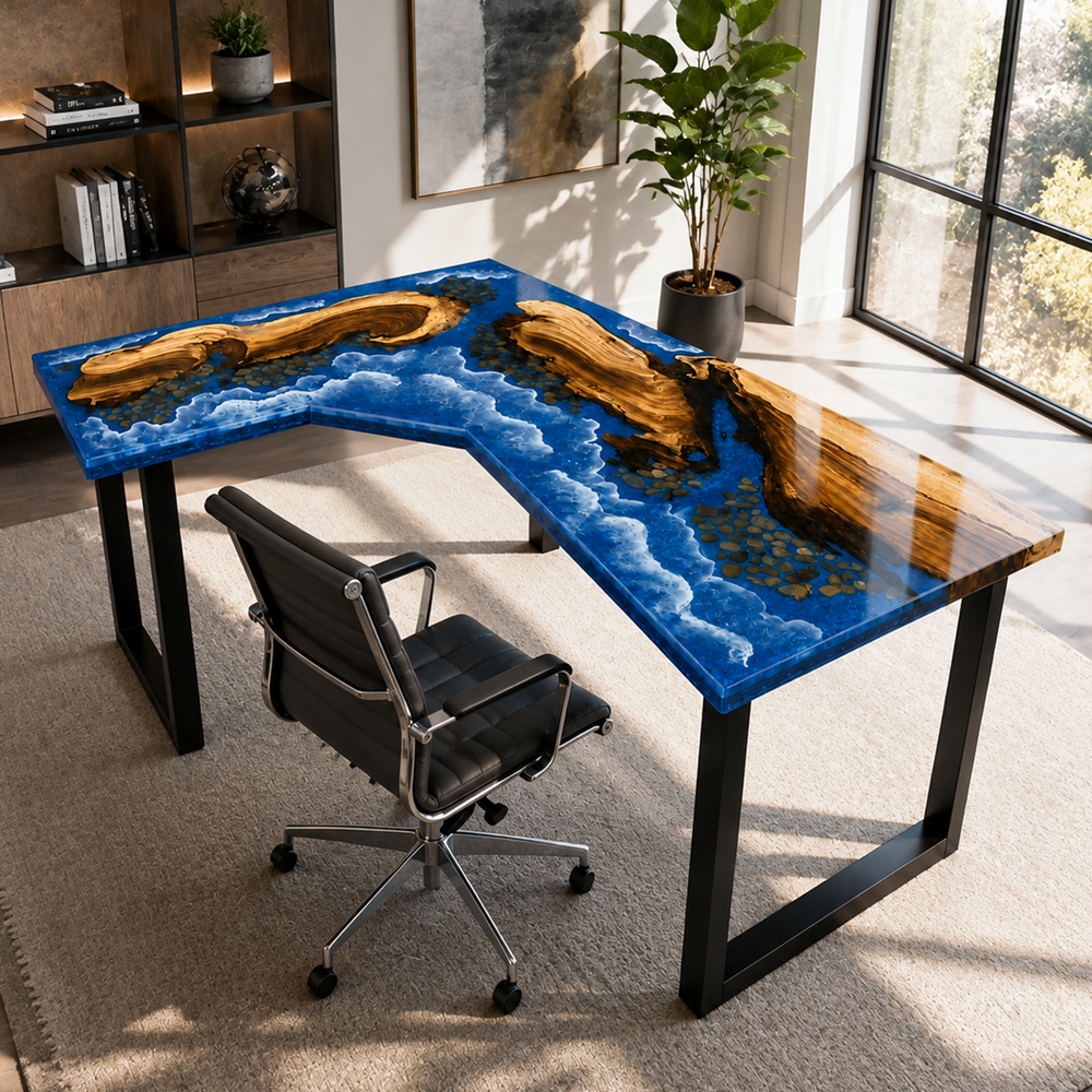 Walnut Ocean Wave L-Shaped Epoxy Resin Desk