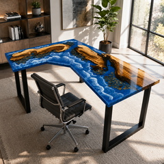 Walnut Ocean Wave L-Shaped Epoxy Resin Desk