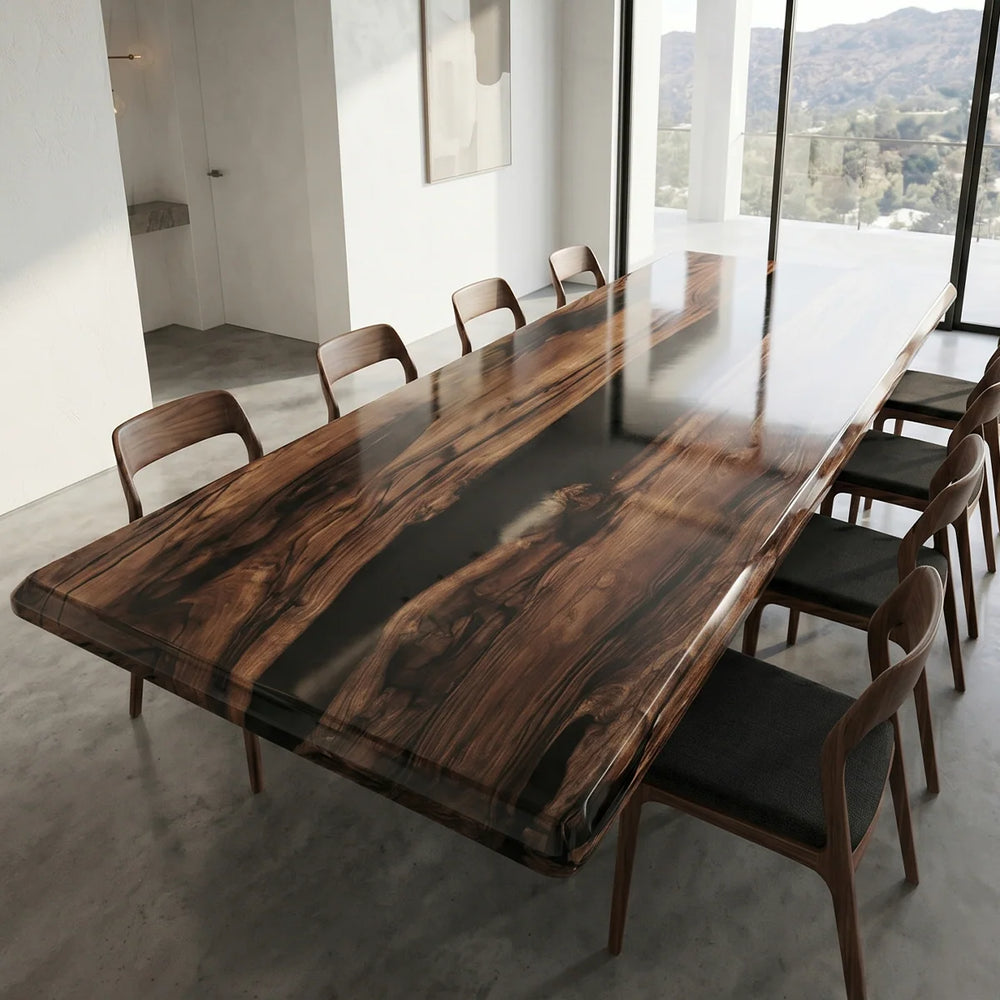 Black Walnut Wood Black Epoxy Resin River Dining Table