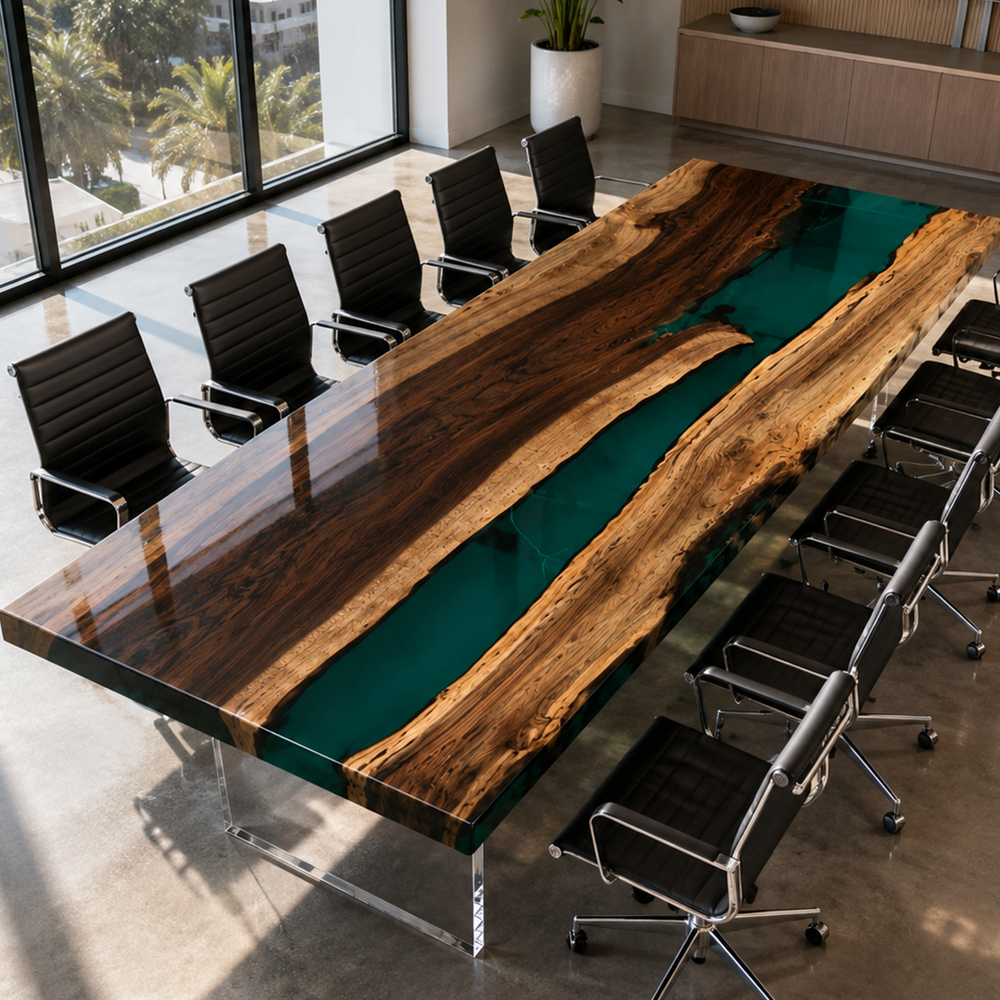 Black Walnut Wood Green River Translucent Epoxy Resin Conference Table